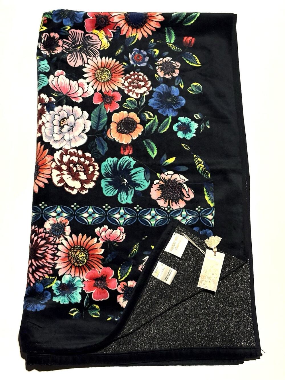 Johnny Was Evening Palace Beach Towel 40x70” Black Floral Flowers NWT